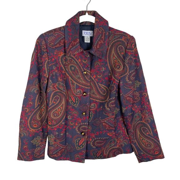 80s Vintage Retro Paisley Tapestry Blazer Jacket Womens M Navy Blue Red Western - Picture 1 of 9